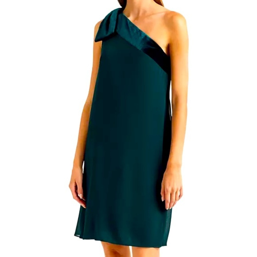 Ralph Lauren Emerald Green One Shoulder Velvet Trim Cocktail Dress Size 8 NWT